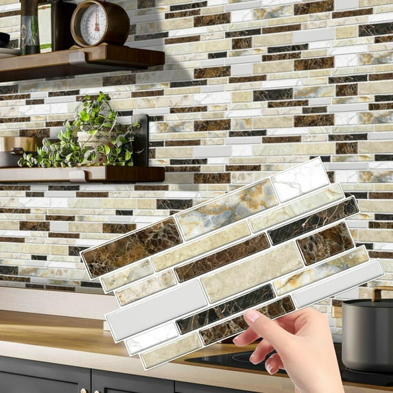 24 Pcs Peel and Stick Backsplash Vinyl Marble Tile, Self-Adhesive Tile Transfer Sticker Stick on Tiles for Kitchen Bathroom, 9.68x4.72inch/24.6x12cm, Brown Yellow Marble Effect