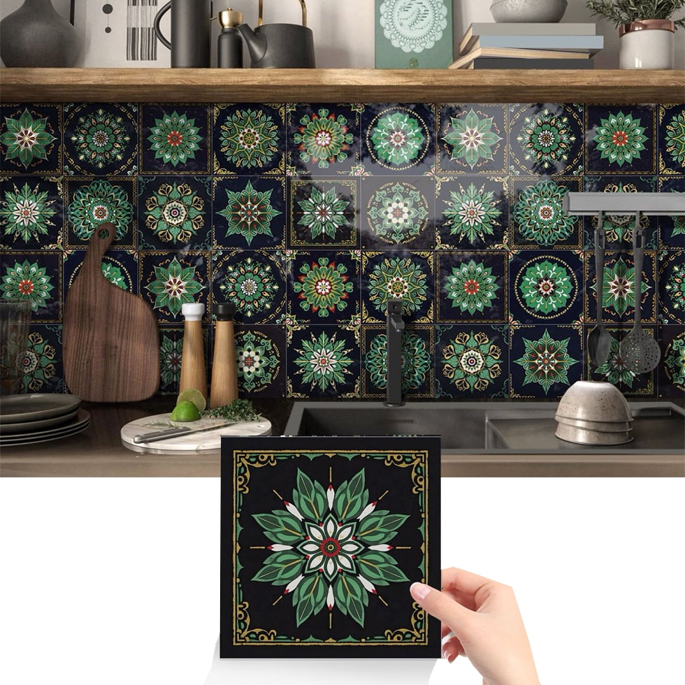 24 Pcs Peel and Stick Tile Sticker Backsplash 7.87" x 7.87" Black Green Vinyl Wall Stickers Self Adhesive Waterproof DIY Decor Kitchen Decals