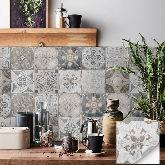 24 Pcs Peel and Stick Tile Stickers Gray Brown Floral Wall Decals 7.87" x 7.87" Waterproof Vinyl Stair Riser DIY Decor Kitchen Backsplash