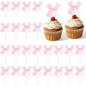24 Pcs Pink Bow Cupcake Toppers,Pink Ribbon Bow Birthday Cupcake Toppers Bowknot Cup Cake Picks For Wedding Baby Shower Bachelorette Party Birthday Coquette Themed Party Decoration