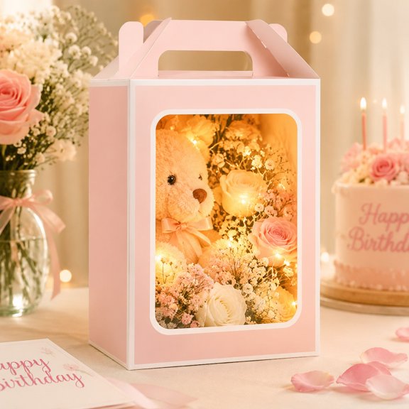24 Pcs Pink Clear Window Gift Boxes, Elegant Paper Packaging Boxes with Handles, Sturdy Party Favor Boxes for Wedding, Birthday, Christmas, Candy, Flower and Holiday Gift Packaging