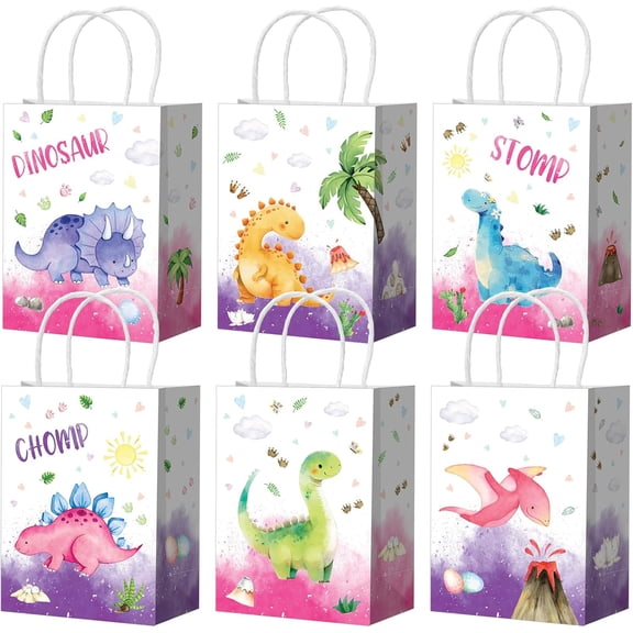 24 Pcs Pink Dinosaur Party Favors Bags with Handles Purple Dinosaur Gifts Candy Treat Goodie Paper Bags for Gifts Wrapping Dino Birthday Party Supplies Decorations