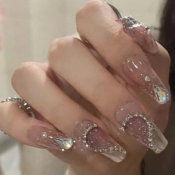 24 Pcs Pink Fake Nails Press on Nail Designs Art Long Tips False Forms with Glue Stick Stickers Reusable Set Acrylic Artificial