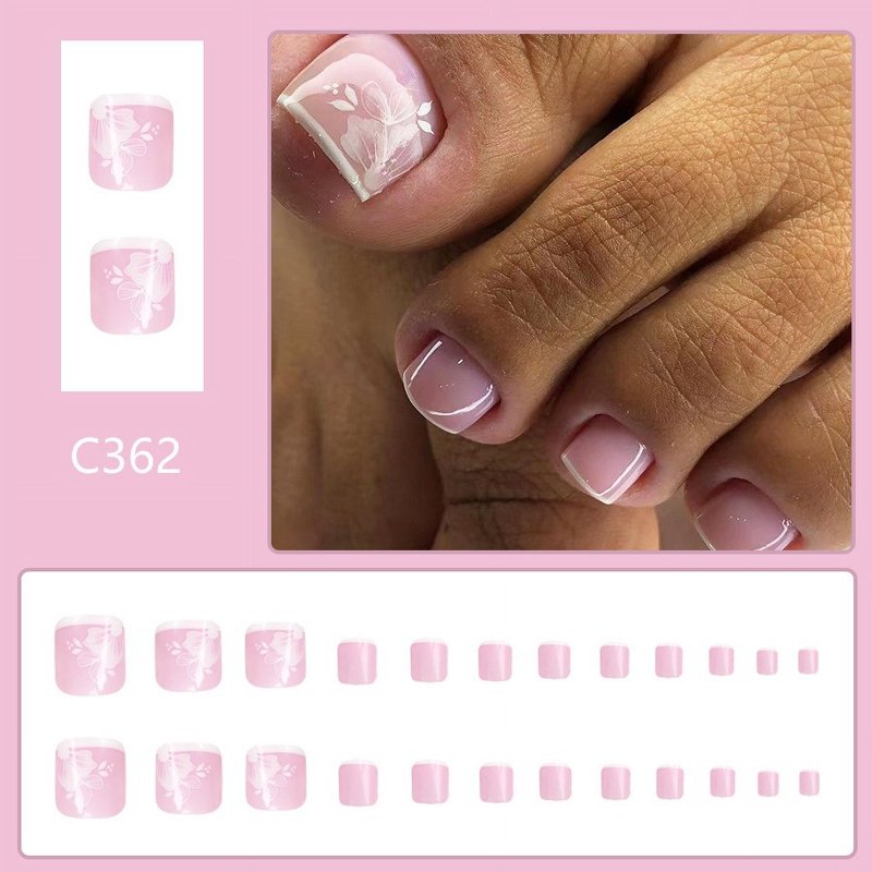 24 Pcs Pink Flower Press on Toenails White French Tips Fake Toe Nails Short Nude Square Toe Nail Press ons Tips Floral Designs Full Cover Glue on Toenails Summer Acrylic False Toe Nails for Women