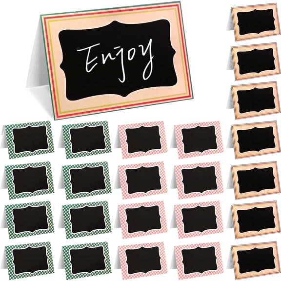 24 Pcs Pink Green Gingham Camp Decoration Supplies 4x6 Inch Italian Summer Witch Party Chalkboard Tent Cards Double Sided Mini Blackboard Labels for Picnic BBQ Wedding Table Number Food Place