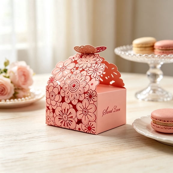 24 Pcs Pink Laser Cut Butterfly Flower Favor Box - Glue-Free Paper Craft Gift Packaging Box for Weddings, Bridal Showers & Baby Shower Candy Wrapping
