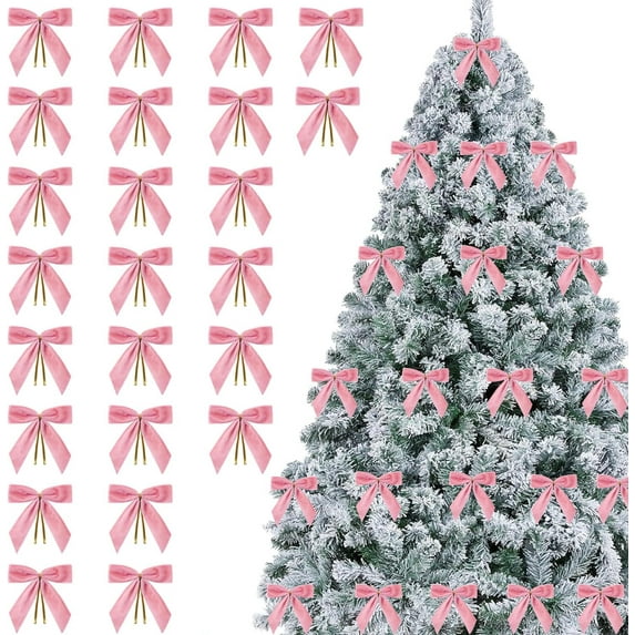 24 Pcs Pink Small Velvet Christmas Bows for Christmas Tree Decorations, 3.5 Inch Xmas Velvet Ribbon Bow Ornaments for Christmas Farmhouse Tree Wreath Garland DIY Craft Gift Wrapping Decorative, 1" W