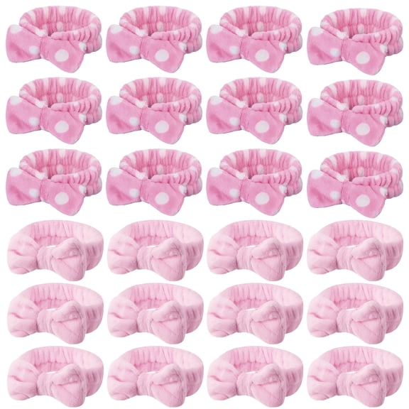 24 Pcs Pink Spa Headbands with Bows Soft Adjustable Polyester Fiber Hair Band for Face Washing Skincare Bathing Post-Swimming Hair Care Multi-Functional Towel for Women
