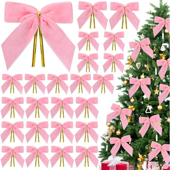 24 Pcs Pink Velvet Bows for Christmas Tree,Pink Bows Velvet Ornaments Christmas Tree Bow for Gift Wrapping Door Vintage Garland Wreath,Rustic Holiday Decor-1" Wide,3.5 x 3.5 Inch
