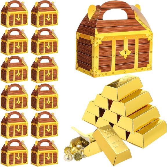 24 Pcs Pirate Party Favor Boxes 12 Foil Fake Gold Bars and 12 Pirate Chest Cardboard Box for Halloween Casino Theme Party Decorations Gold Bar Christmas Prizes Gift Box