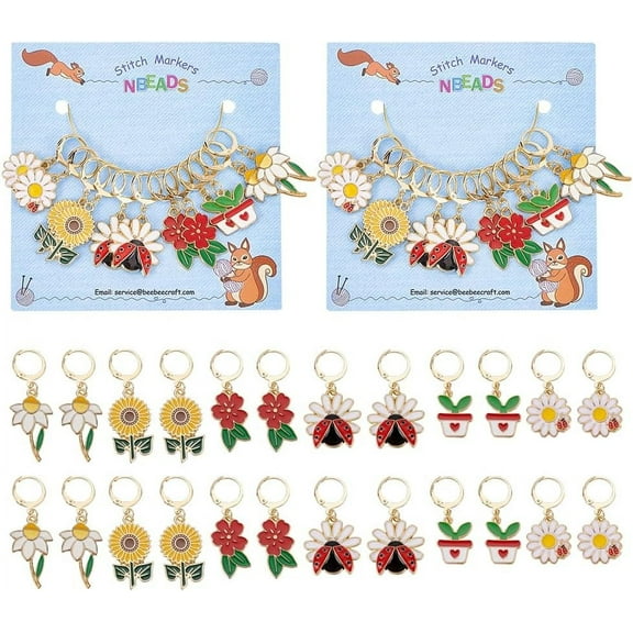 24 Pcs Plant Theme Stitch Markers Flower Ladybug Enamel Crochet Stitch Marker Charms Removable Locking Stitch Marker for Knitting Weaving Sewing Accessories Quilting Jewelry Making DIY Mixed Color