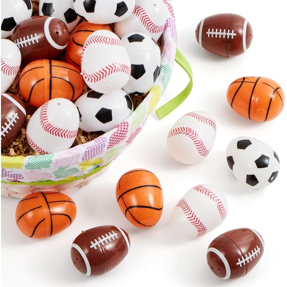 24 Pcs Plastic Easter Egg, 2.3" Assorted Sports Balls Egg Shells for Filling Specific Treats, Easter Theme Party Favor, Basket Stuffers Filler, Classroom Prize Supplies