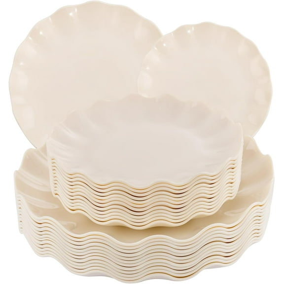 24 Pcs Plastic Plates Reusable,Unbreakable Dinner Plates, Scalloped Plastic Plates, Dishwasher Safe,Ivory Plate Sets Perfect for Parties, Birthday, Picnics, BPA Free