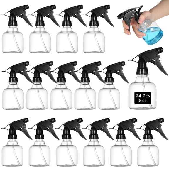 24 Pack 8 oz Empty Spray Bottles, Leak Proof Refillable PET Plastic Sprayers with Adjustable Nozzle for Hair Care, Gardening, Cleaning