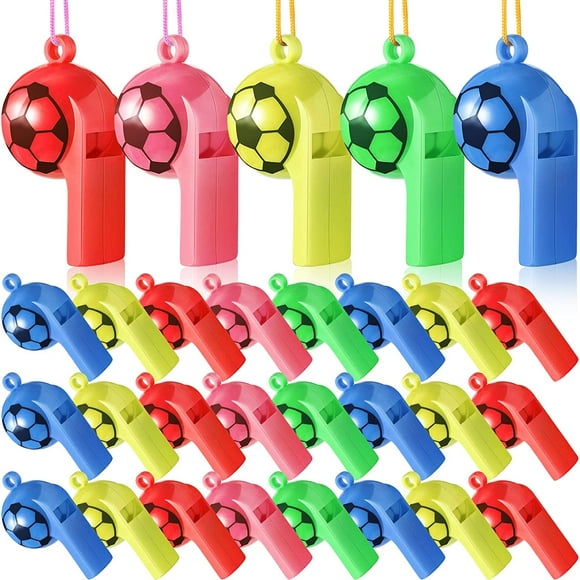 24 Pcs Plastic Whistles with Lanyard Soccer Pattern Training Sports Whistle Kids Whistle for Referee School Camping Soccer Party Favors, 5 Colors