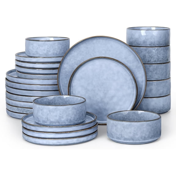 24 Pcs Plates and Bowls Dinnerware Sets for 8, Stoneware Dinner Dish Set, Dishware for Dessert Salad Pasta, Microwave & Dishwasher Safe, Serenity Blue
