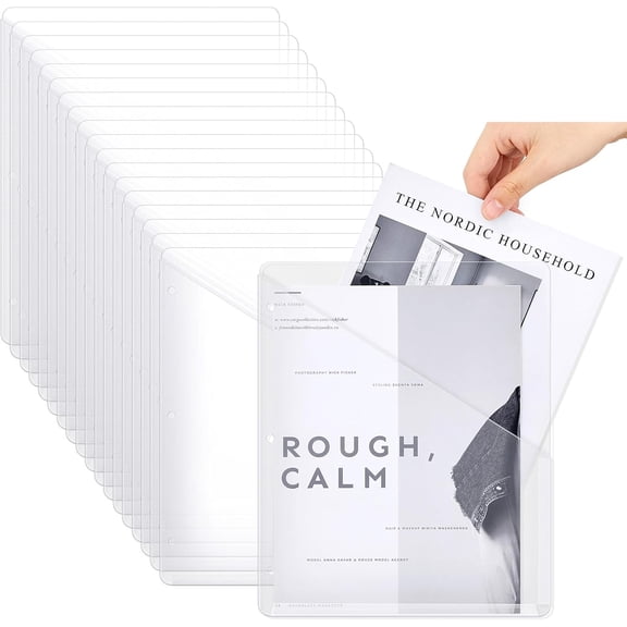 24 Pcs Pocket Folders for 3 Ring Binder Clear Plastic Sleeves with 2 Pockets Hole Punch Dividers Poly Slash File Jackets Office School Document Organizer (White)