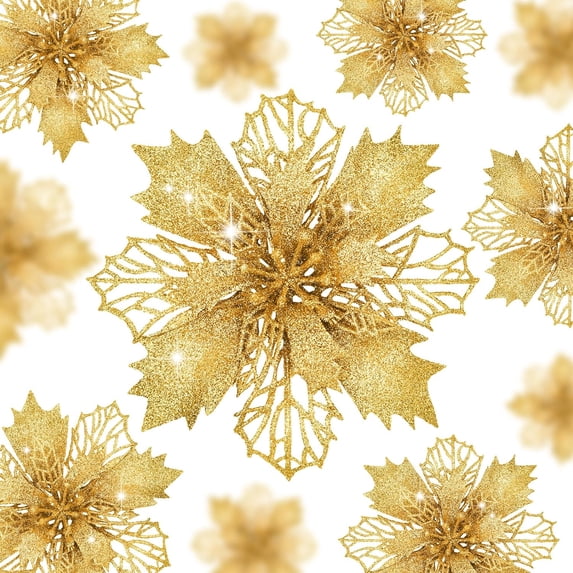 24 Pcs Poinsettias Artificial Christmas Flowers, Silver Christmas Tree Decorations, White Glitter Christmas Ornaments for Xmas Wreath Garland Winter Wedding Decorations
