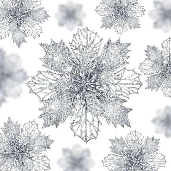 24 Pcs Poinsettias Artificial Christmas Flowers, Silver Christmas Tree Decorations, White Glitter Christmas Ornaments for Xmas Wreath Garland Winter Wedding Decorations