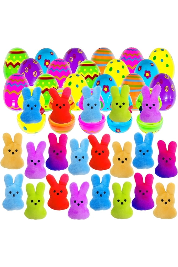 24 Pcs PreFilled Easter Eggs with Plush Bunny Toys Animals Keychain Decoration Stuffed Toy Great for Kids Boys Girls Toddler Easter Basket Stuffers Egg Fillers
