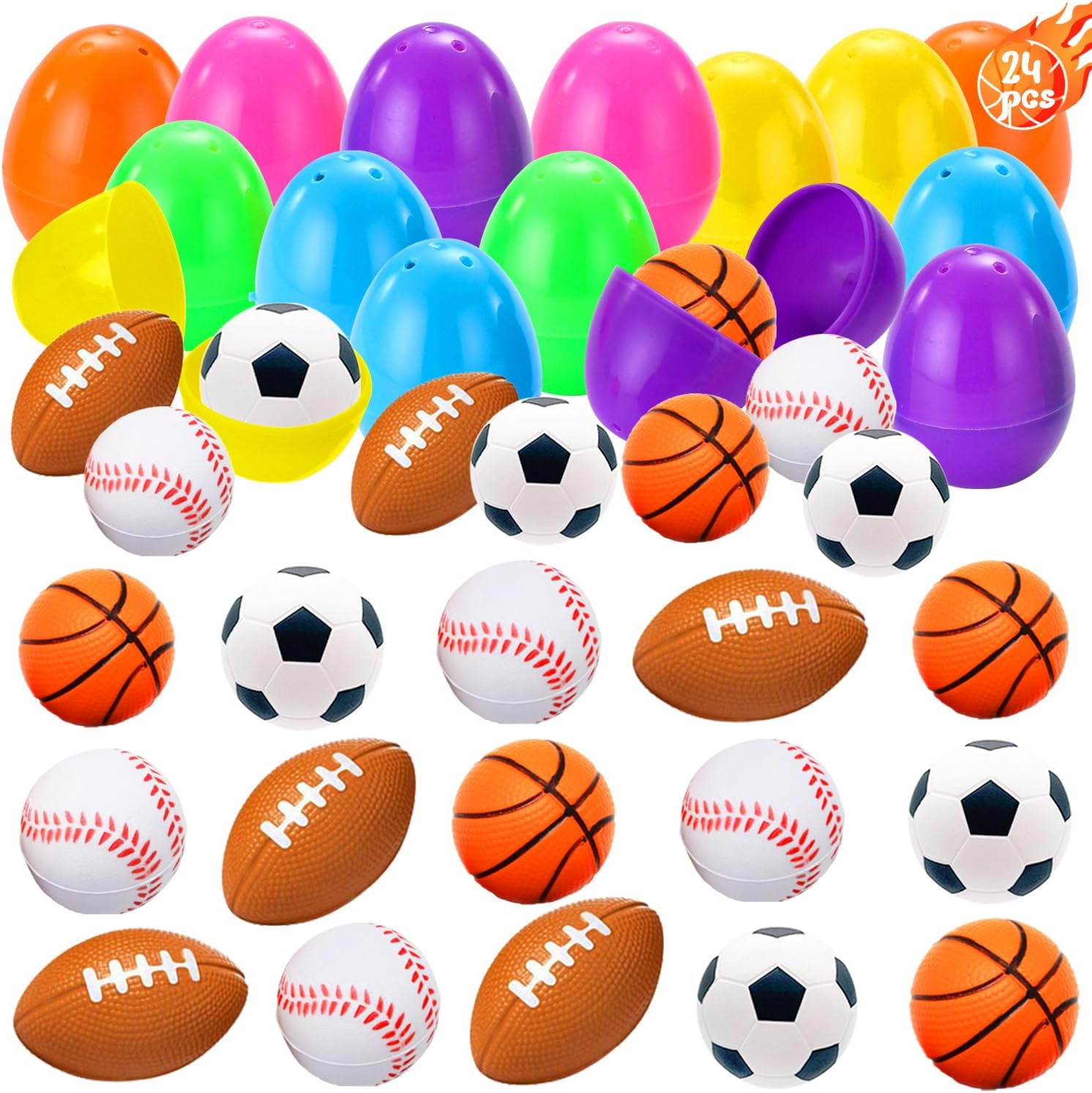 24 Pcs Prefilled Easter Eggs with Sports Balls, Filled Eggs with Stress Relief Toys Ball for Kids Toddlers Easter Basket Stuffers, Easter Eggs Hunt