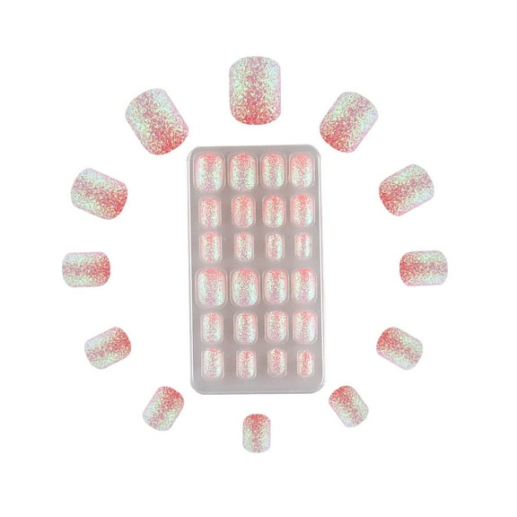 24 Pcs Press on Nails for Kids Pre-glue Children False Nails Stick on Short Full Cover Artificial Fake Nails Holo Glitter Acrylic Nail Tips for Little Girls Gift Nail Art Designs, Pink