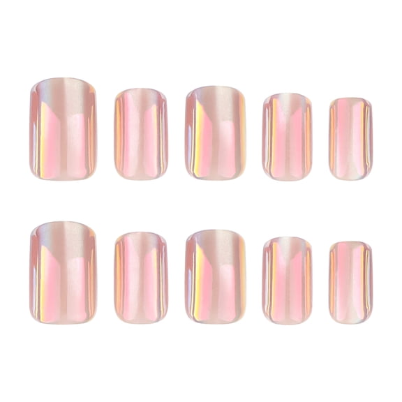 24 Pcs Press On Nails Short Square Round Head Pink Aurora Holographic Shiny Surface Removable Easy to Apply with Jelly Glue/Nail Glue for Daily Dating Party
