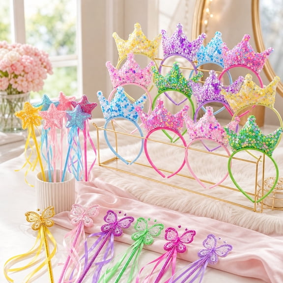 24 Pcs Princess Headband and Fairy Wand Set, 12 Crown Headbands with 12 Sequin Magic Wands for Summer Birthday Party Decorations, Princess Party Favors, Dress Up Accessories, Photo Booth Props