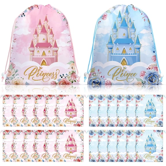 24 Pcs Princess Party Favor Bags Princess Goodie Drawstring Bags Pink Blue Castle Gift Pack for Birthday Decoration Supplies 11.8 x 9.8''