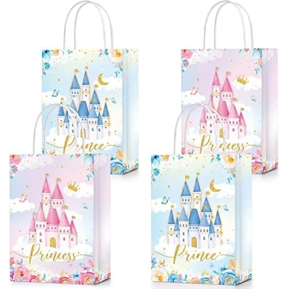 24 Pcs Princess & Prince Castle Party Bags with Handles - Candy & Treat Goodie Bags for Gender Reveal, Baby Shower & Wedding