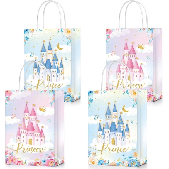 24 Pcs Princess & Prince Castle Party Bags with Handles - Candy & Treat Goodie Bags for Gender Reveal, Baby Shower & Wedding