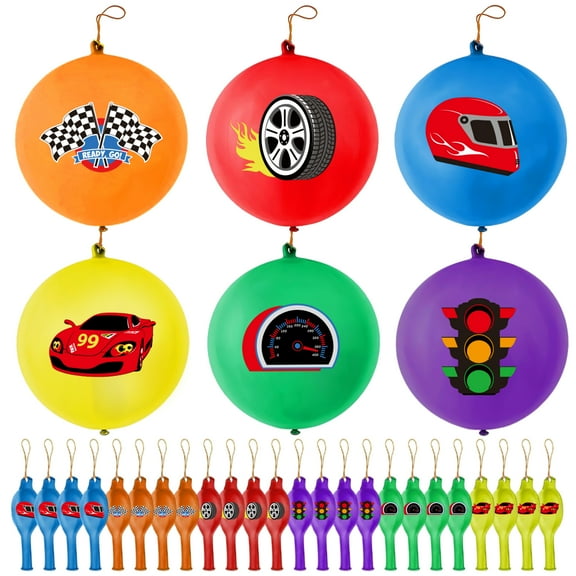 24 Pcs Race Cars Punch Balloons Colorful Latex Punch Ball Checkered Flags Racing Party Favors Bounce Balloons with Rubber Band Handle for Two Fast Gathering Birthday Party