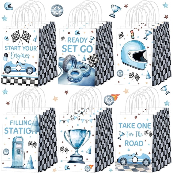 24 Pcs Racing Car Party Favors Bags for Gifts Goodies with Handles Blue Trophy Black White Buffalo Racing Car Paper Treat Candy Bags for Birthday Party Supplies Favors