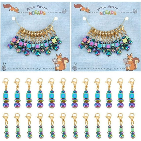 24 Pcs Rainbow Color Beaded Pendant Stitch Markers 304 Stainless Steel Crochet Stitch Marker Removable Lobster Clasp Locking Stitch Marker for Weaving Sewing Needleworks Jewelry Making