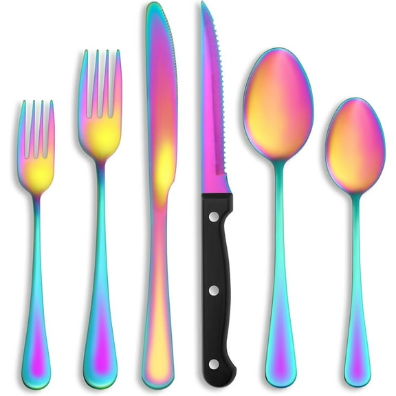 24 Pcs Rainbow Silverware Set with Steak Knives Service for 4,Stainless Steel Flatware Set,Mirror Polished Cutlery Utensil Set, Kitchen Eating Tableware,Include Fork Knife Spoon Set,Dishwasher Safe