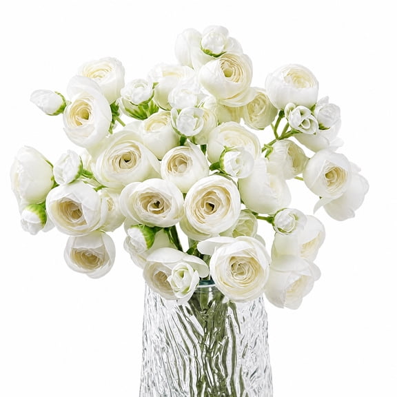 24 Pcs White Ranunculus Artificial Flowers Faux Silk Bulk Home Wedding Bouquet
