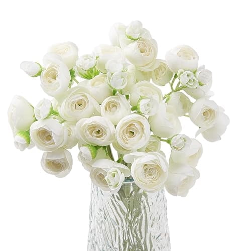 24 Pcs Ranunculus White Fake Flowers, Faux Flowers Bouquet with Long Trimmable Stems for Wedding Home Decor, Artificial Flowers for Decoration Centerpieces Bridal Shower Arrangements