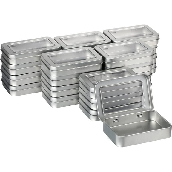 24 Pcs Rectangular Hinged Tins Box Metal Rectangular Empty Container Metal Storage Organizer Tins Mini Portable Box Containers with Clear Window for Candies