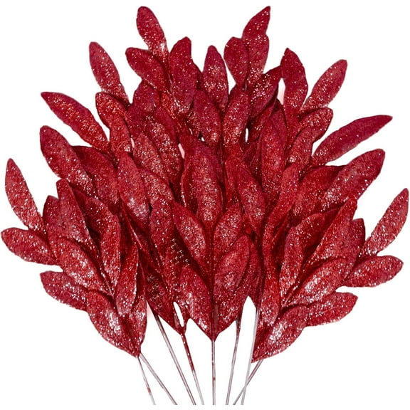 24 Pcs Red Artificial Glitter Leaves, 13" Glittered Christmas Red Flowers Leaf Christmas Tree Picks and Sprays for Christmas Wreath Xmas Tree Ornaments Wedding Table Decorations