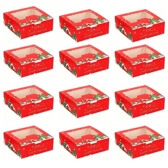 24 Pcs Red Christmas & New Year Theme Bakery Boxes with Window 13.7x13.7x5.2cm - Holiday Cookie Cupcake Packaging Boxes, Xmas Gift Boxes for Party Dessert Tables, Favors & Festive Pastry Takeout