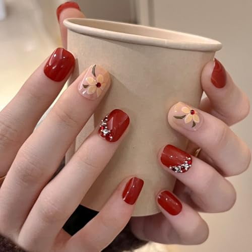 24 Pcs Red Press on Nails Short Square Flowers Fake Nails Press ons