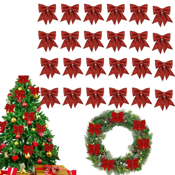 24 Pcs Red Shiny Bow Tutuviw Christmas Glitter Twist Tie Bows Decoration Christams Baskets Decor Glitter Holiday Bows Wedding Birthday Festival Party Gift Box Wrapping Decoration (5.5x5.9in)