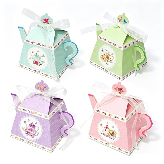 24 Pcs Retro Teapot Shape Floral Paper Gift Box with White Ribbon - Polka Dot Foldable Favor Box for Candy Packaging, Afternoon Tea Party, Wedding, Bridal Shower & Birthday Party Decor