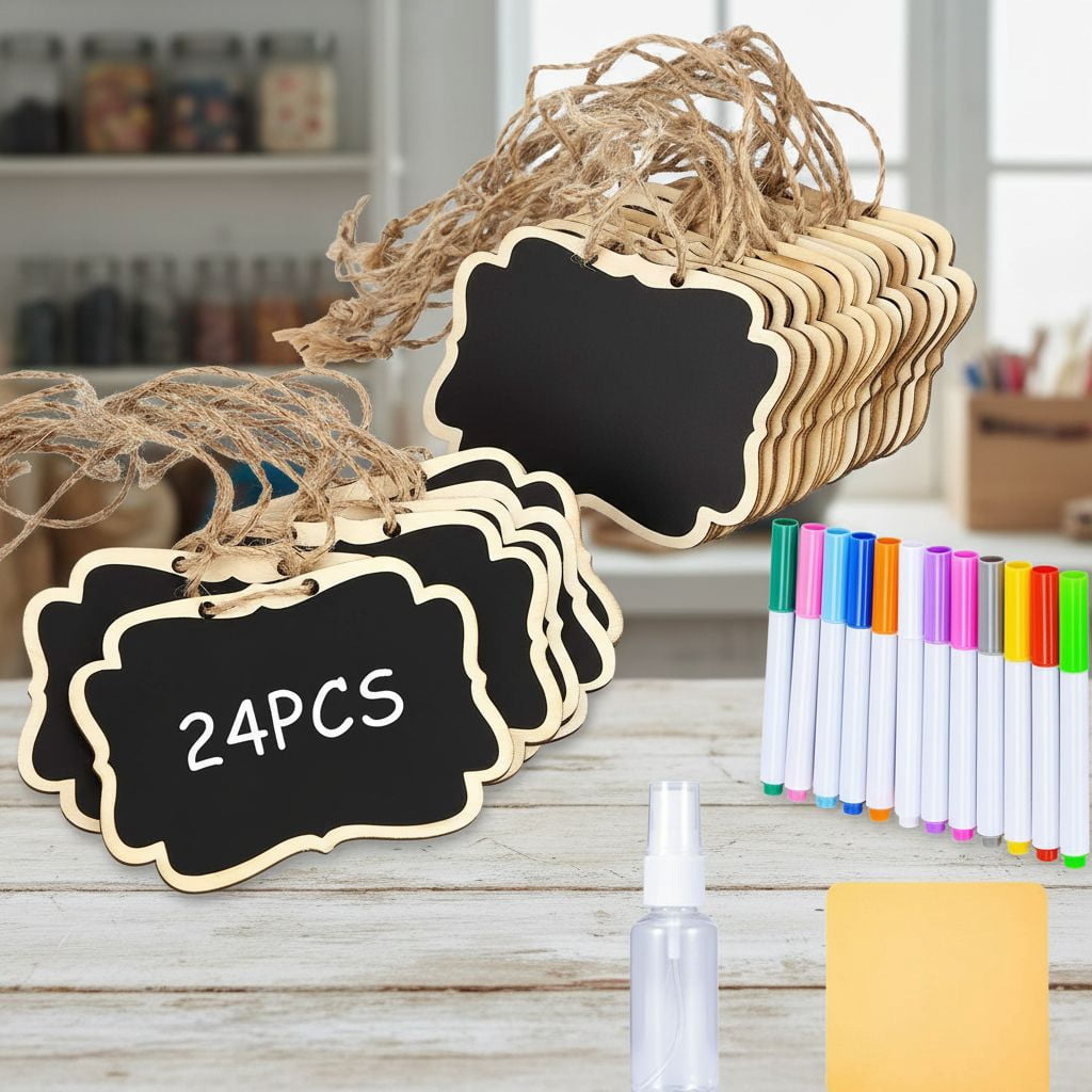 24 Pcs Reusable Mini Wood Chalkboards with Hanging String Erasable ...