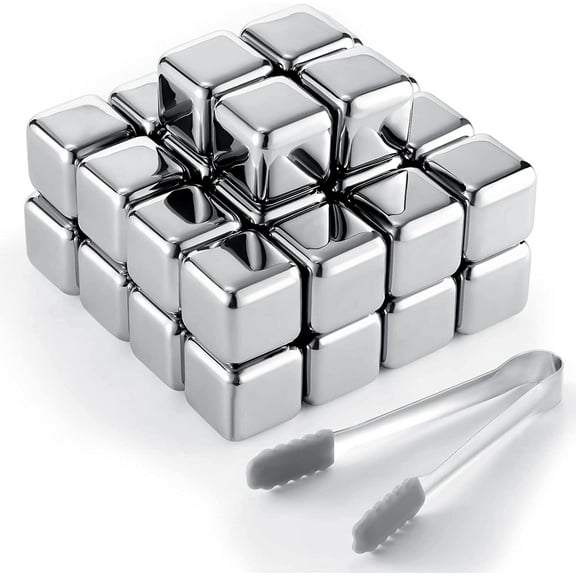 24 Pcs Reusable Stainless Steel Ice Cubes with Tongs Whiskey Cubes Vodka Metal Rocks Tool Ice Stones Rocks for Summer Drinks Chilling Whiskey Iced Coffee Vodka Liqueurs Wine Not Solid