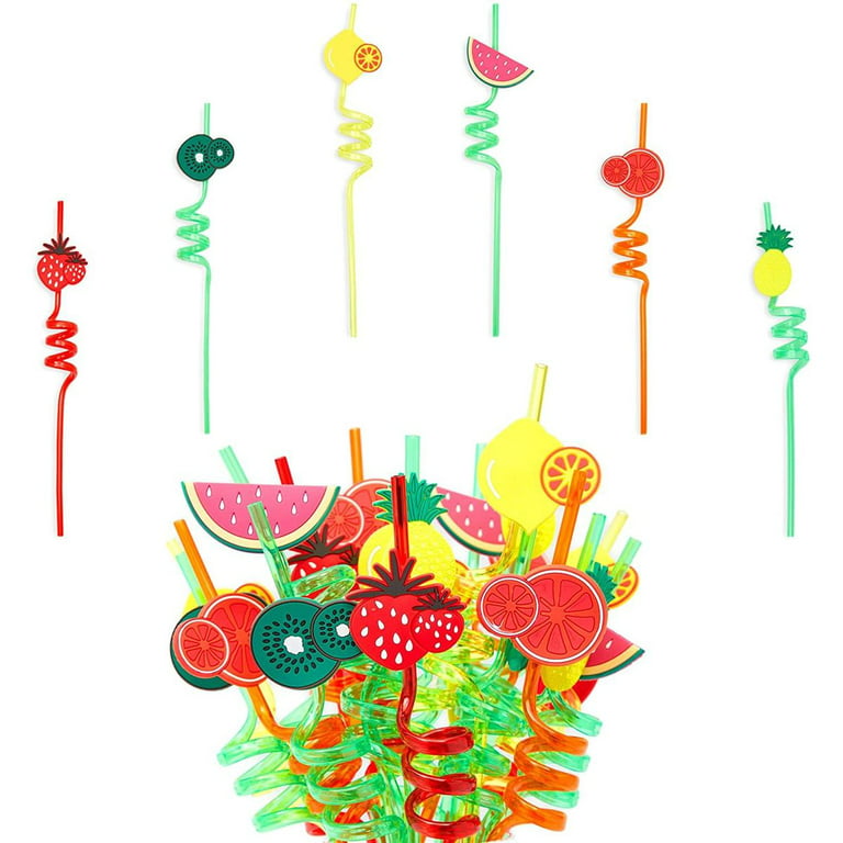 24 Pcs Reusable Tropical Plastic Drinking Straws with Fruit Charms for Home  Summer Party, 6 Designs, 10.7 in
