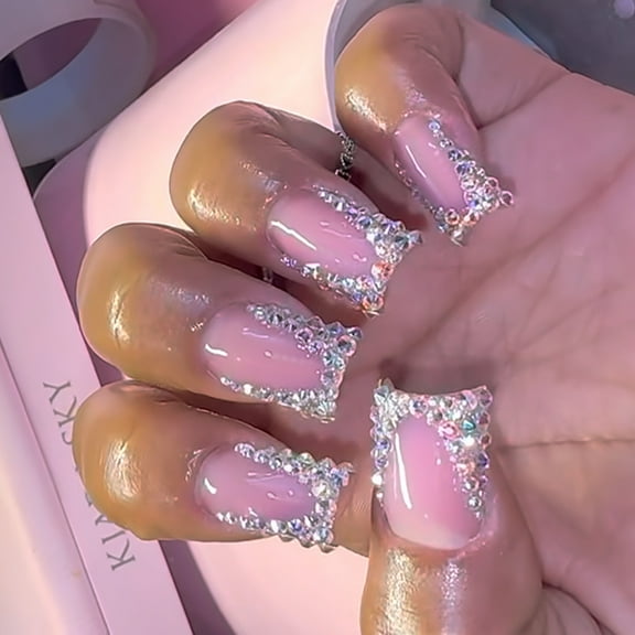 24 Pcs Rhinestones Acrylic Nails Square Full Covers On Nails French Tip Press On Nails Simple False Nails