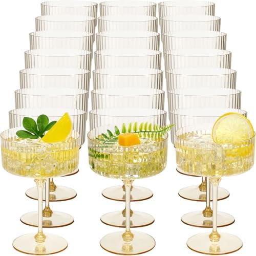 24 Pcs Ribbed Martini Glasses 10 oz Disposable Plastic Vintage Ribbed Coupe Glasses Cocktail Unbreakable Dessert Parfait Glassware for Wedding Birthday Party Supplies (Gold)