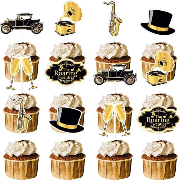 24 Pcs Roaring 20s Cupcake Toppers Decorations, Music Concert Jazz 1920s Retro Cupcake Picks, Band & Orchestra Musical Instruments Twenties Vintage Party Supplies Black and Gold