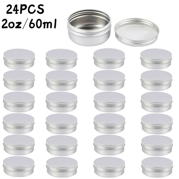 24 Pcs Round Aluminum Lip Balm Tin Cans with Screw Top Lids and Labels Silver Cosmetic Sample Containers Metal Empty Tins Travel Storage Tin Jars for Salve, Spice, Candies or Crafts, 2 oz / 60ml